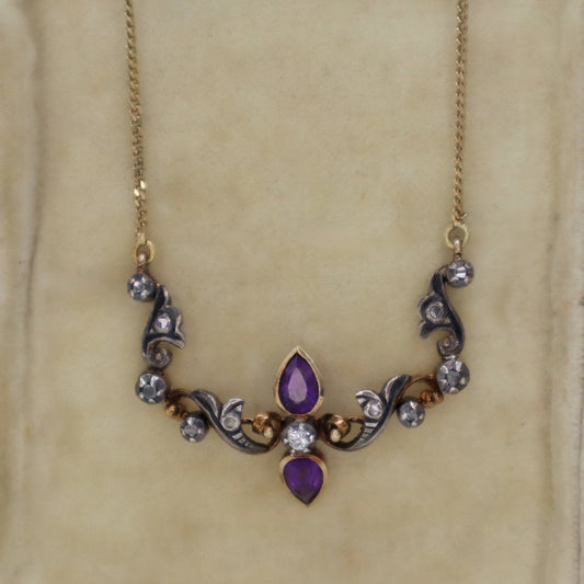 Antique Amethyst Diamond 14k Yellow Gold Silver Necklace