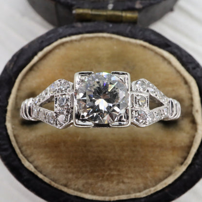 Art Deco 0.50 Carat Old European Cut Diamond 18k White Gold Ring