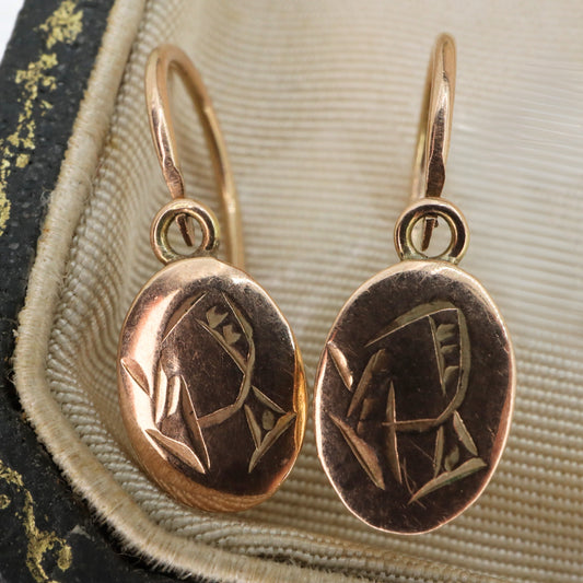 Victorian 10k Rose Gold Signet Drop Earrings