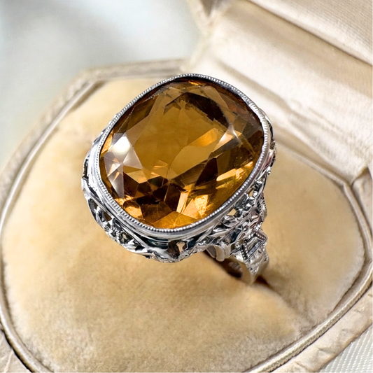 Late Art Deco Untermeyer Robbins & Co. Citrine 14k White Gold Ring