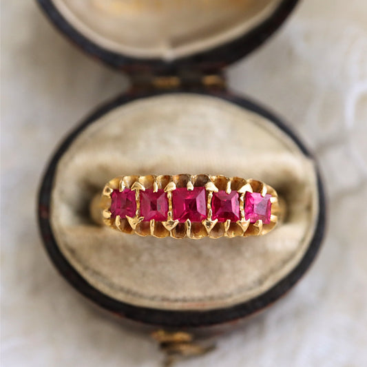 Antique English Ruby 18k Yellow Gold Five Stone Ring