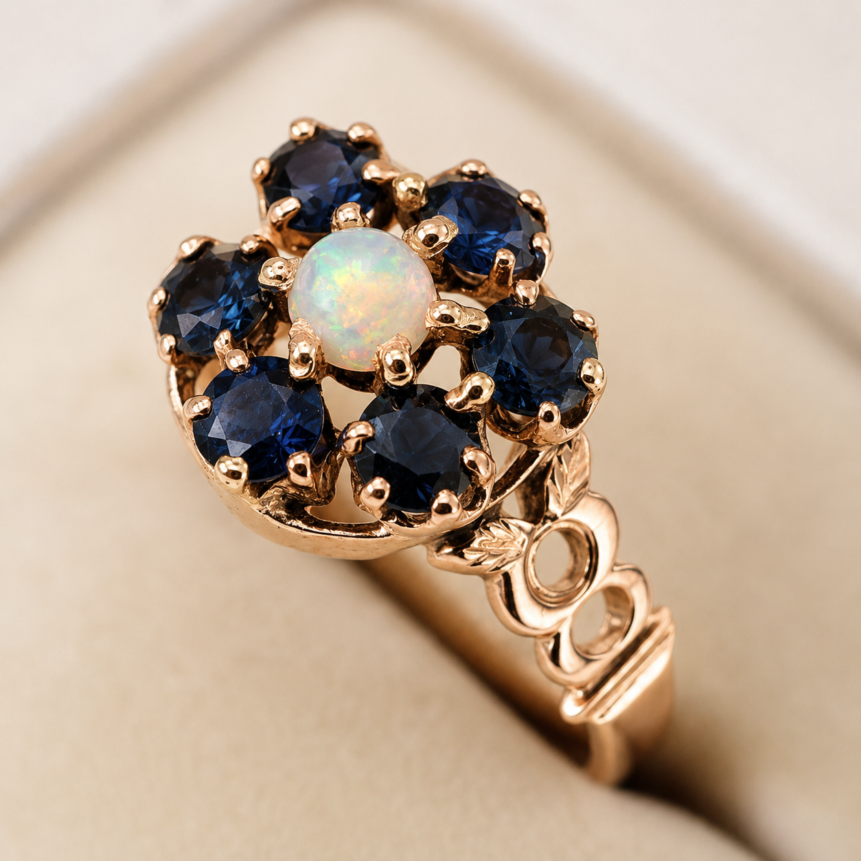 Vintage Opal Sapphire 10k Rose Gold Cluster Ring