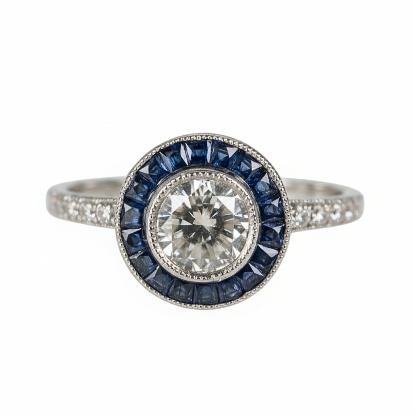 Art Deco Inspired Diamond Sapphire Platinum Target Ring