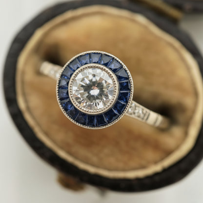 Art Deco Inspired Diamond Sapphire Platinum Target Ring