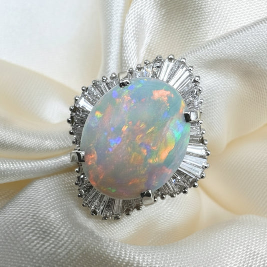Vintage Opal Diamond Platinum Ballerina Ring
