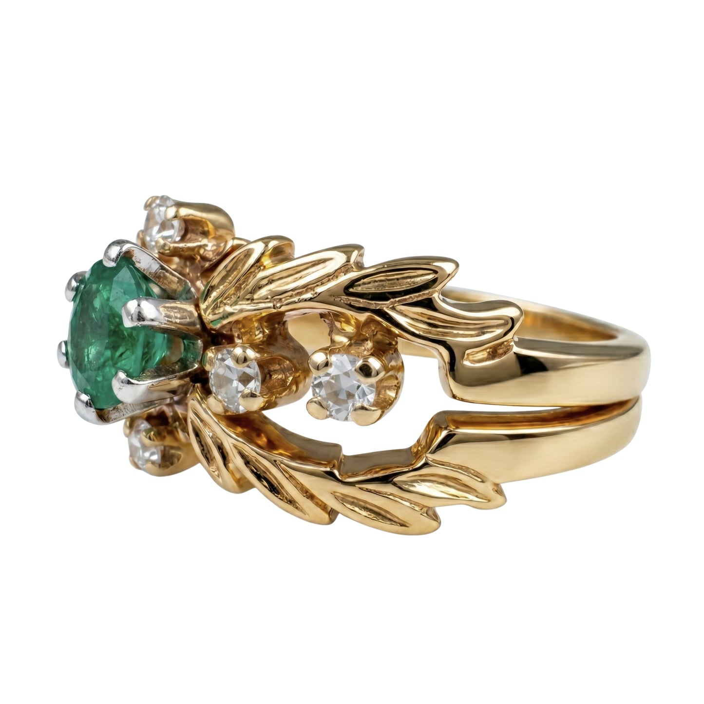 Mid Century Emerald Diamond 18k Yellow Gold Ring
