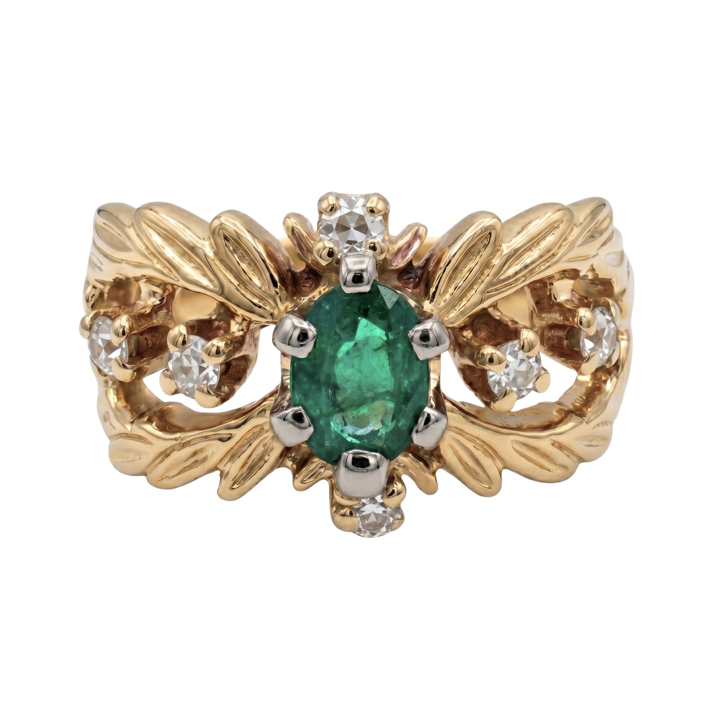 Mid Century Emerald Diamond 18k Yellow Gold Ring