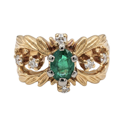 Mid Century Emerald Diamond 18k Yellow Gold Ring