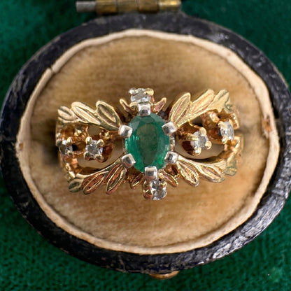 Mid Century Emerald Diamond 18k Yellow Gold Ring