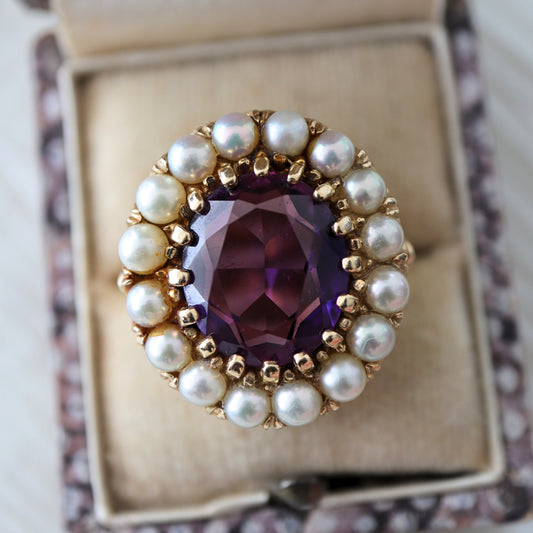 Mid-Century Victorian Revival Amethyst Pearl 14k Cluster Ring