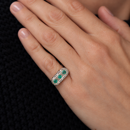Vintage Emerald 14k White Gold Three Stone Ring