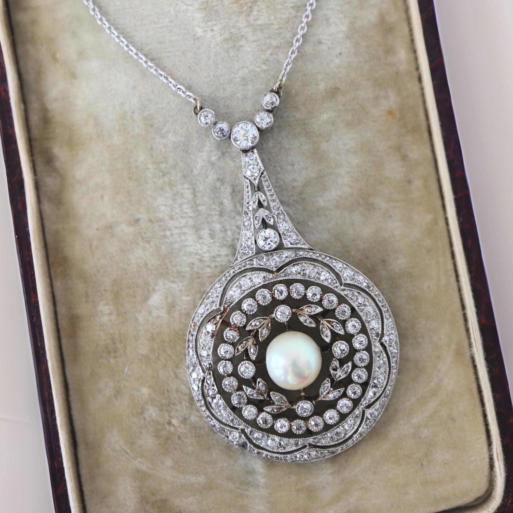 Edwardian Diamond Pearl Platinum Pendant with Original Box