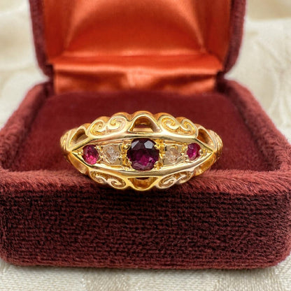 Antique English Ruby Diamond 18k Yellow Gold Boat Ring