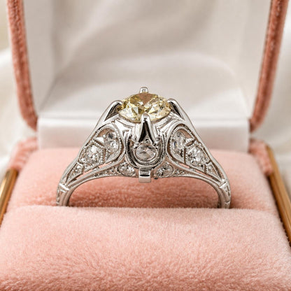 Art Deco Fancy Light Yellow Diamond Platinum Ring