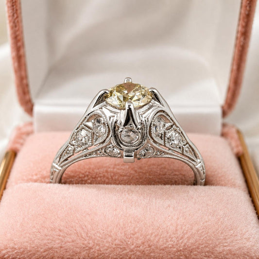 Art Deco Fancy Light Yellow Diamond Platinum Ring