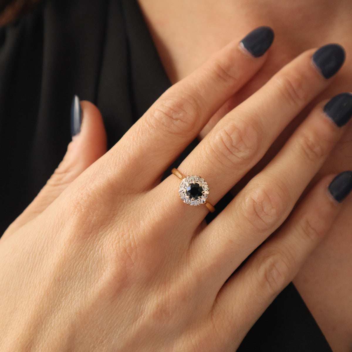 Mid Century English Sapphire Diamond 18k Cluster Ring