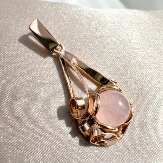 Serbian Vintage Rose Quartz 14k Rose Gold Pendant