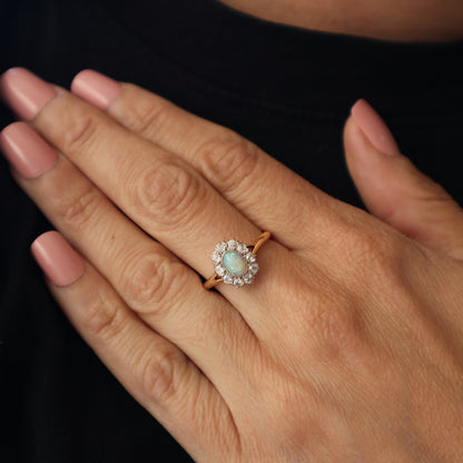 Edwardian Opal Diamond 14k Platinum Cluster Ring