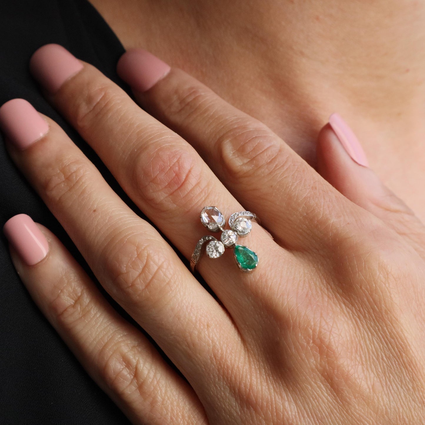 Edwardian Diamond Emerald 14k Platinum Ring