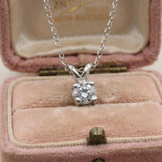 Vintage Diamond 14k White Gold Solitaire Pendant Necklace