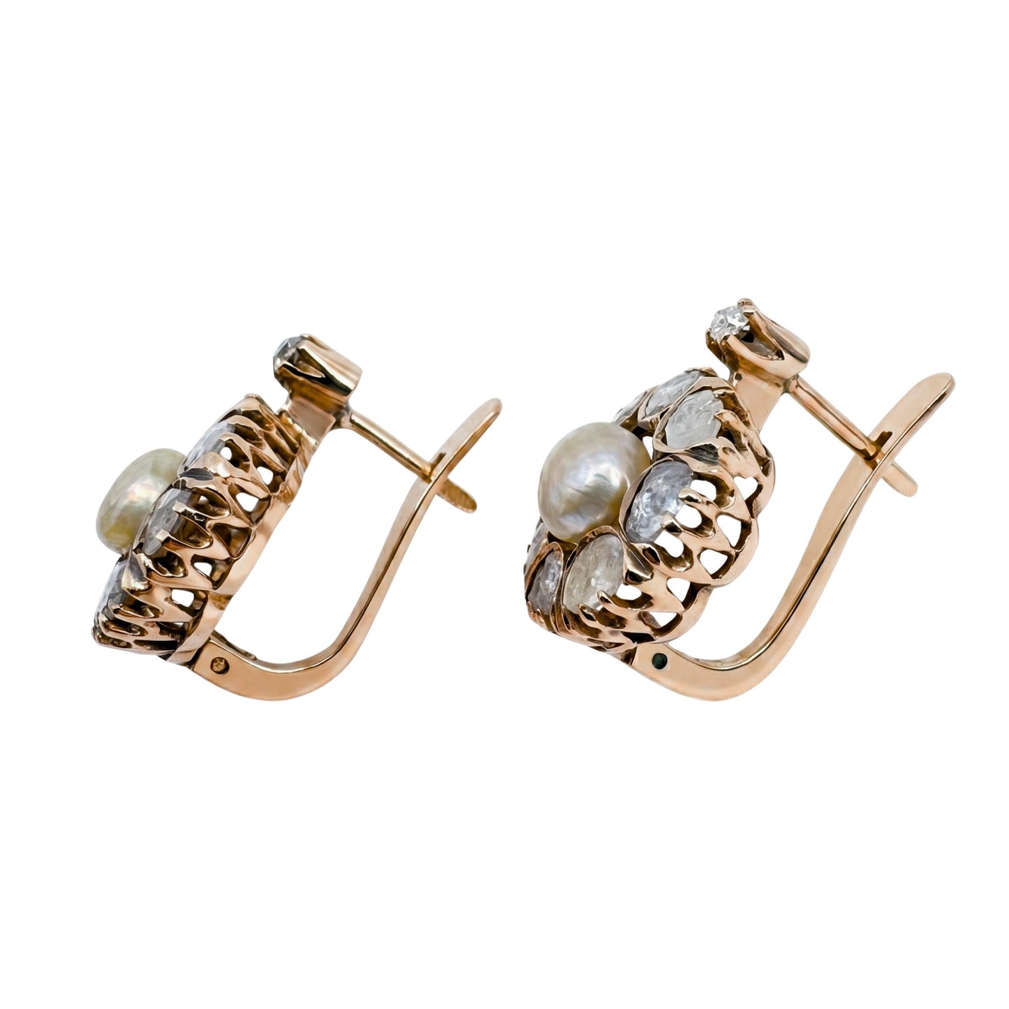 Victorian Pearl Diamond 14k Antique Gold Cluster Drop Earrings