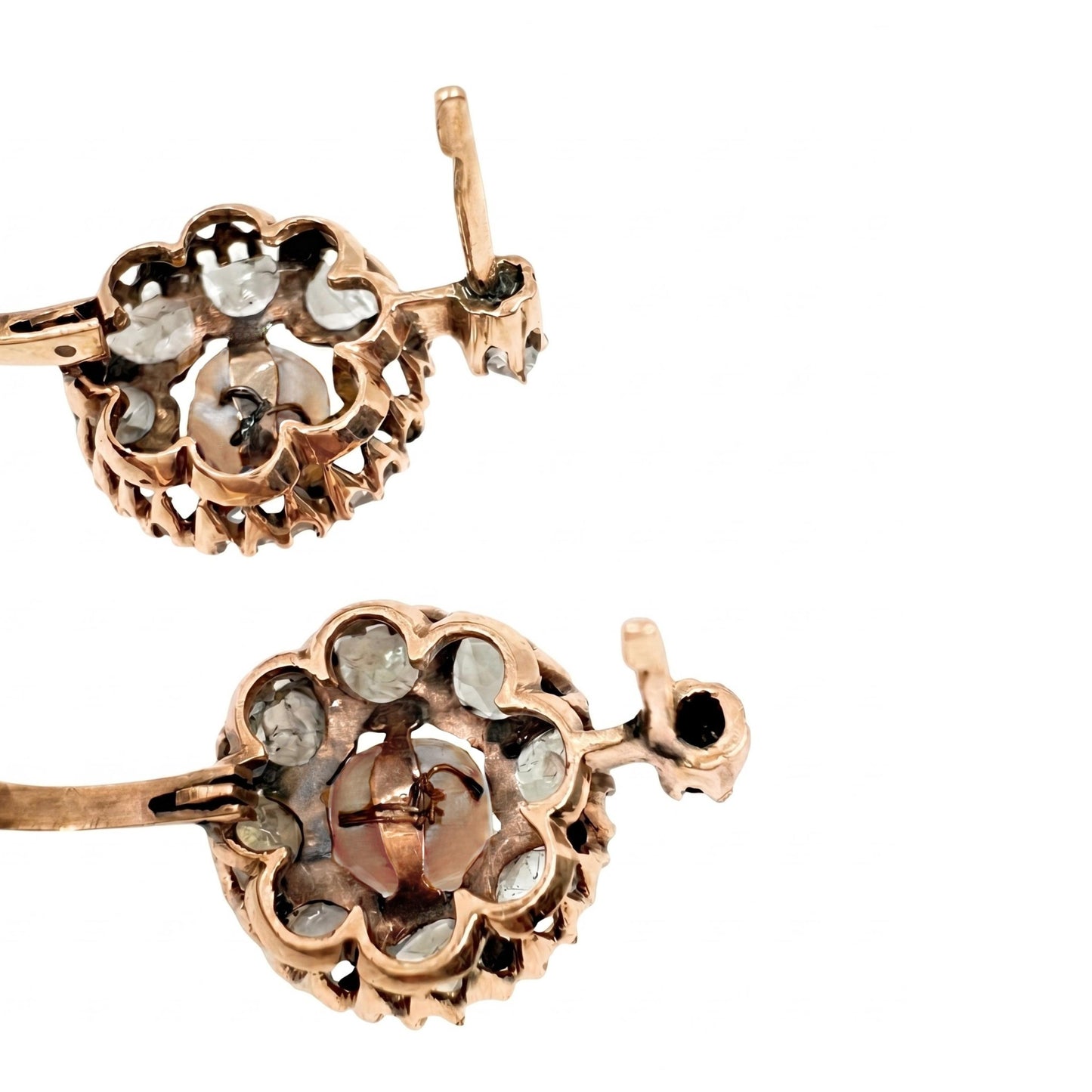 Victorian Pearl Diamond 14k Antique Gold Cluster Drop Earrings