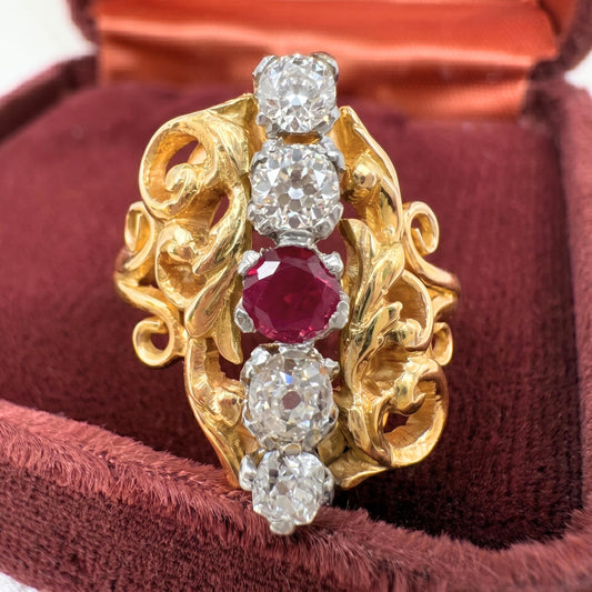 Edwardian Diamond Synthetic Ruby Five Stone 18k Yellow Gold ring