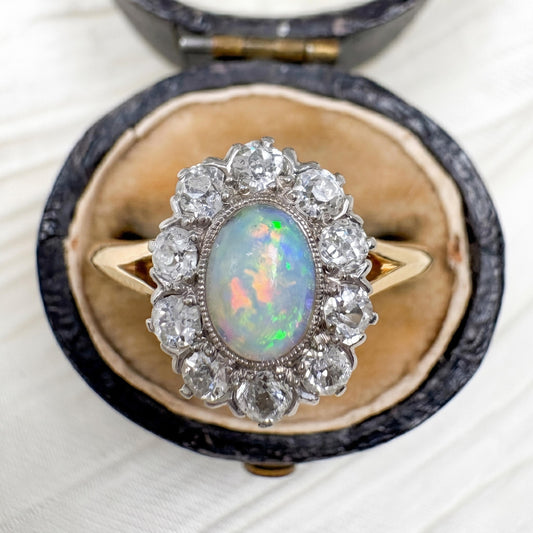 Edwardian Opal Diamond 14k Platinum Cluster Ring