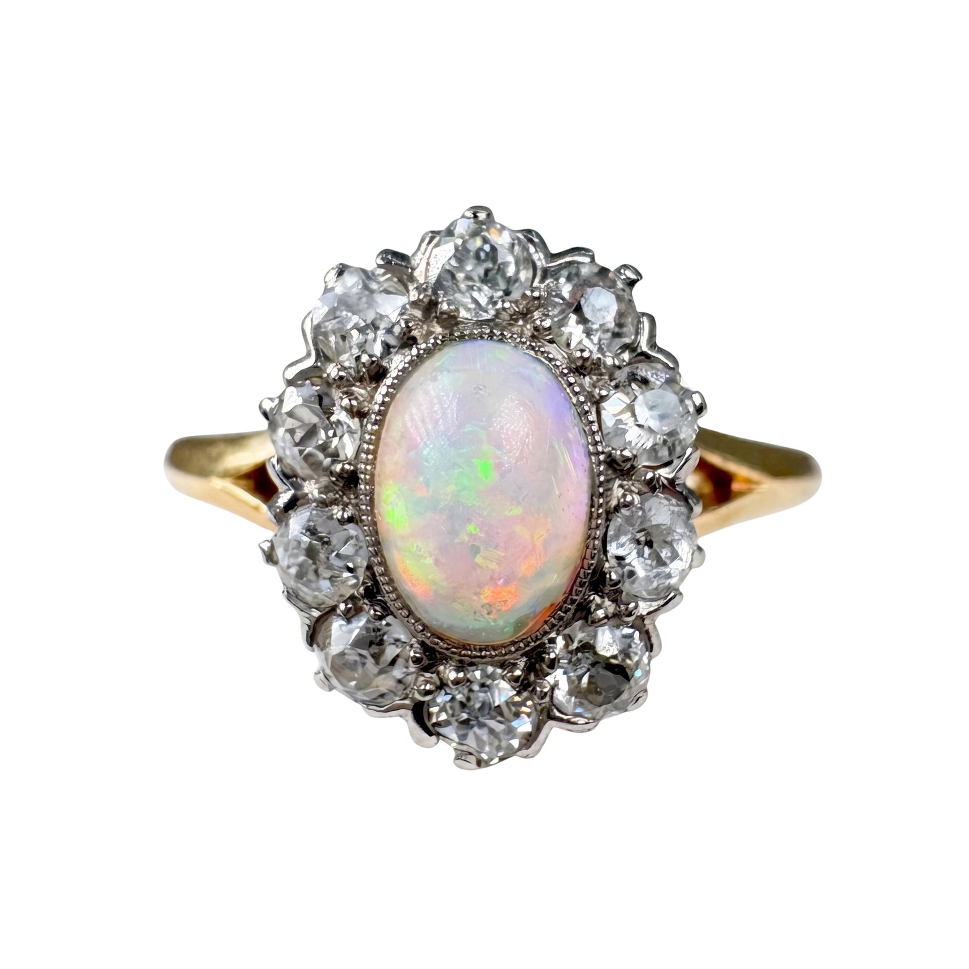 Edwardian Opal Diamond 14k Platinum Cluster Ring