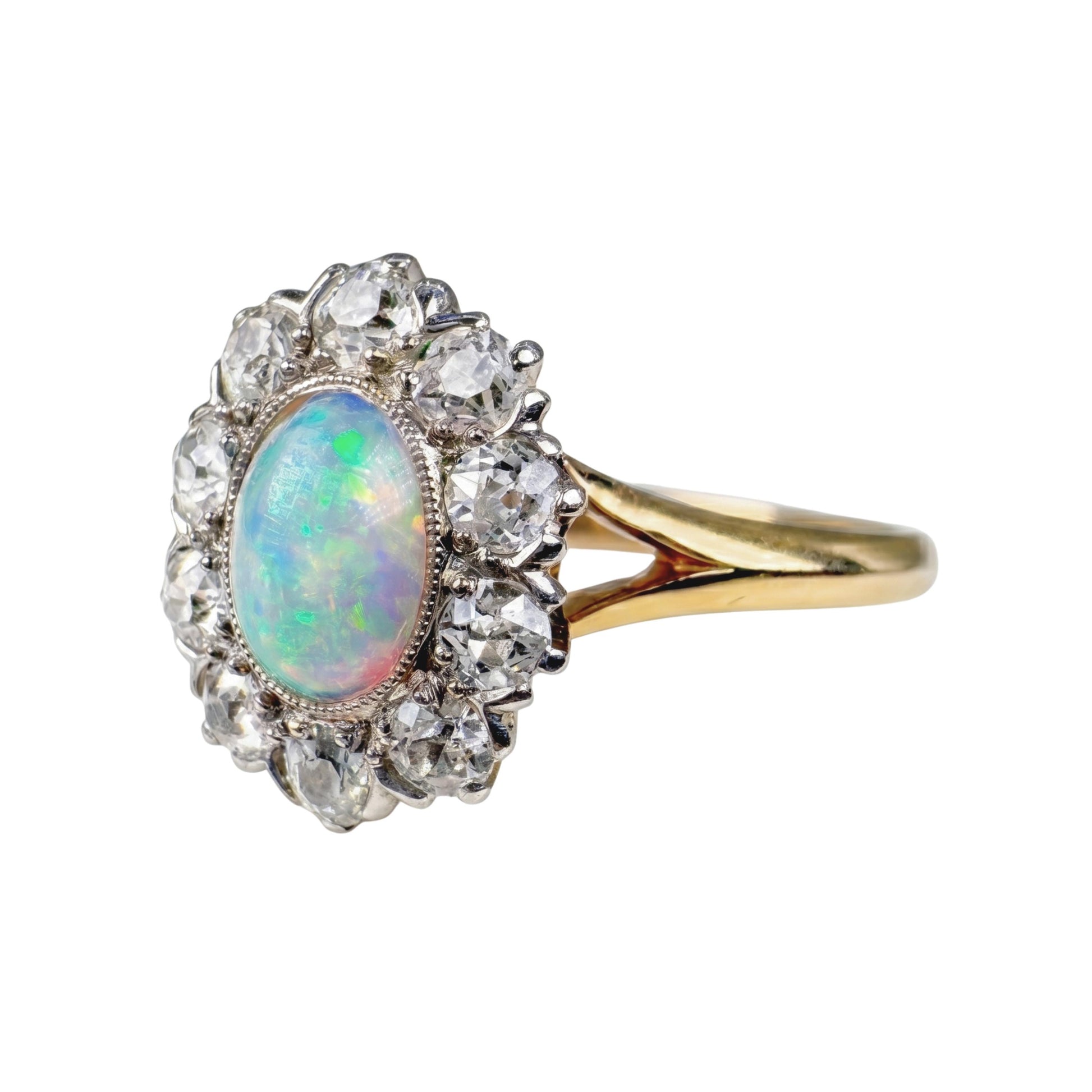 Edwardian Opal Diamond 14k Platinum Cluster Ring