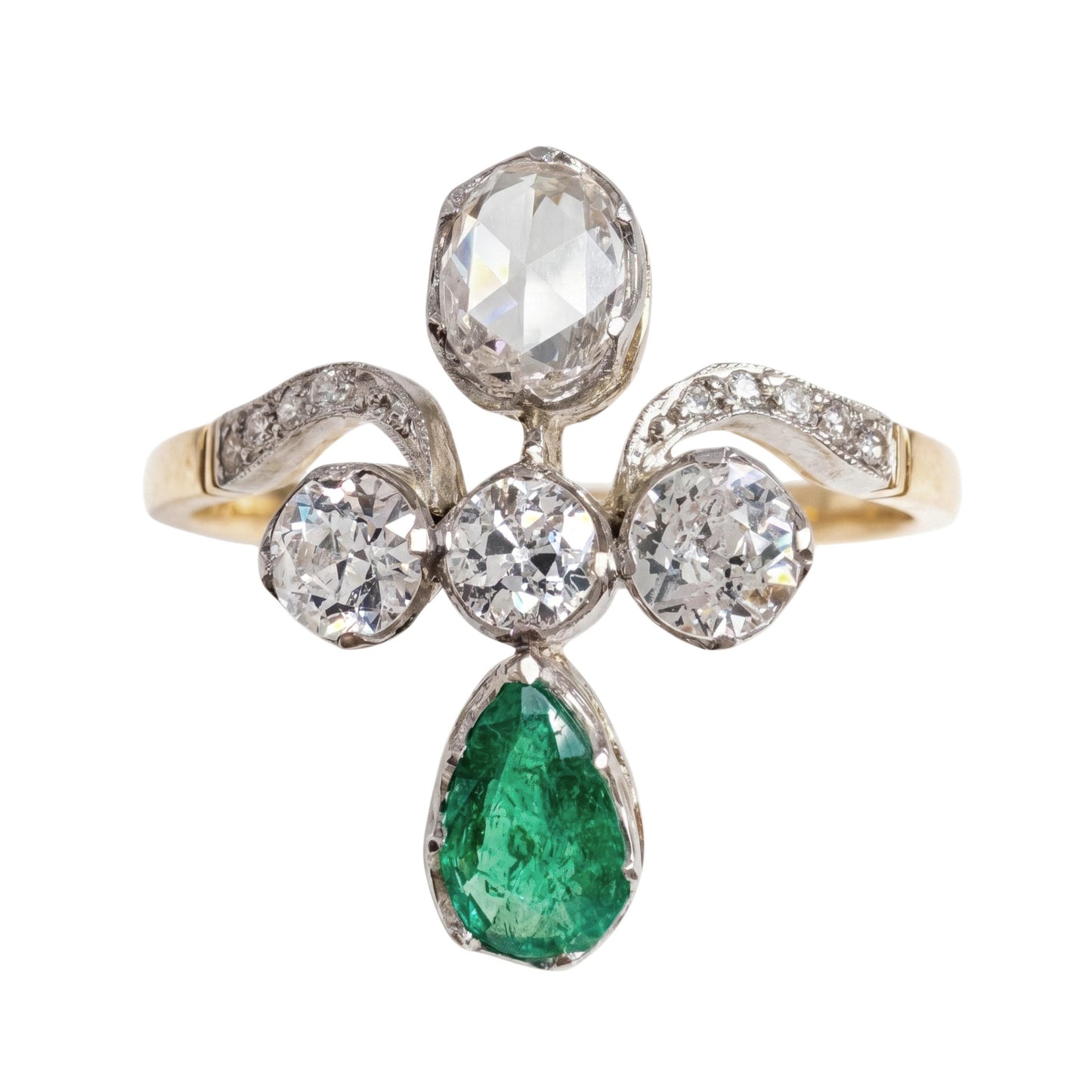 Edwardian Diamond Emerald 14k Platinum Ring