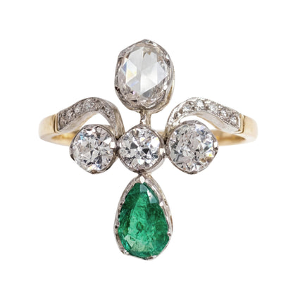 Edwardian Diamond Emerald 14k Platinum Ring