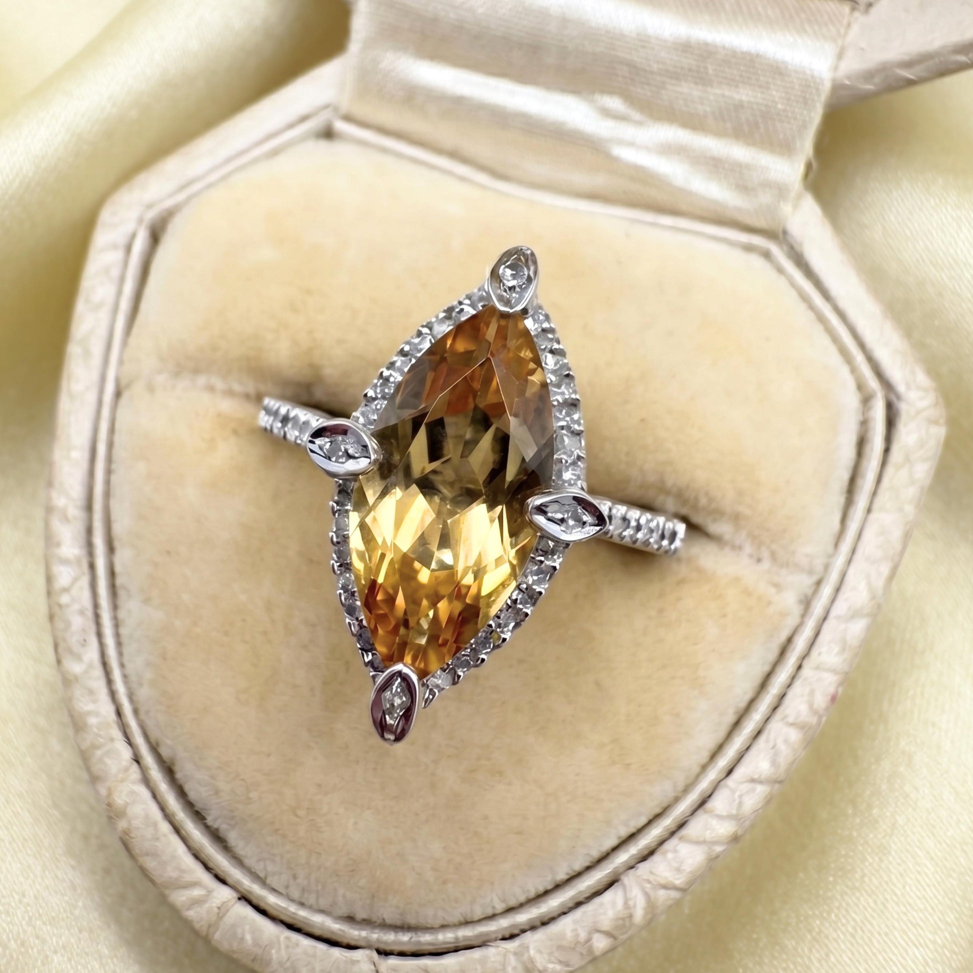 Vintage Citrine Diamond 14k White Gold Ring