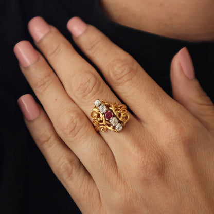 Edwardian Diamond Synthetic Ruby Five Stone 18k Yellow Gold ring