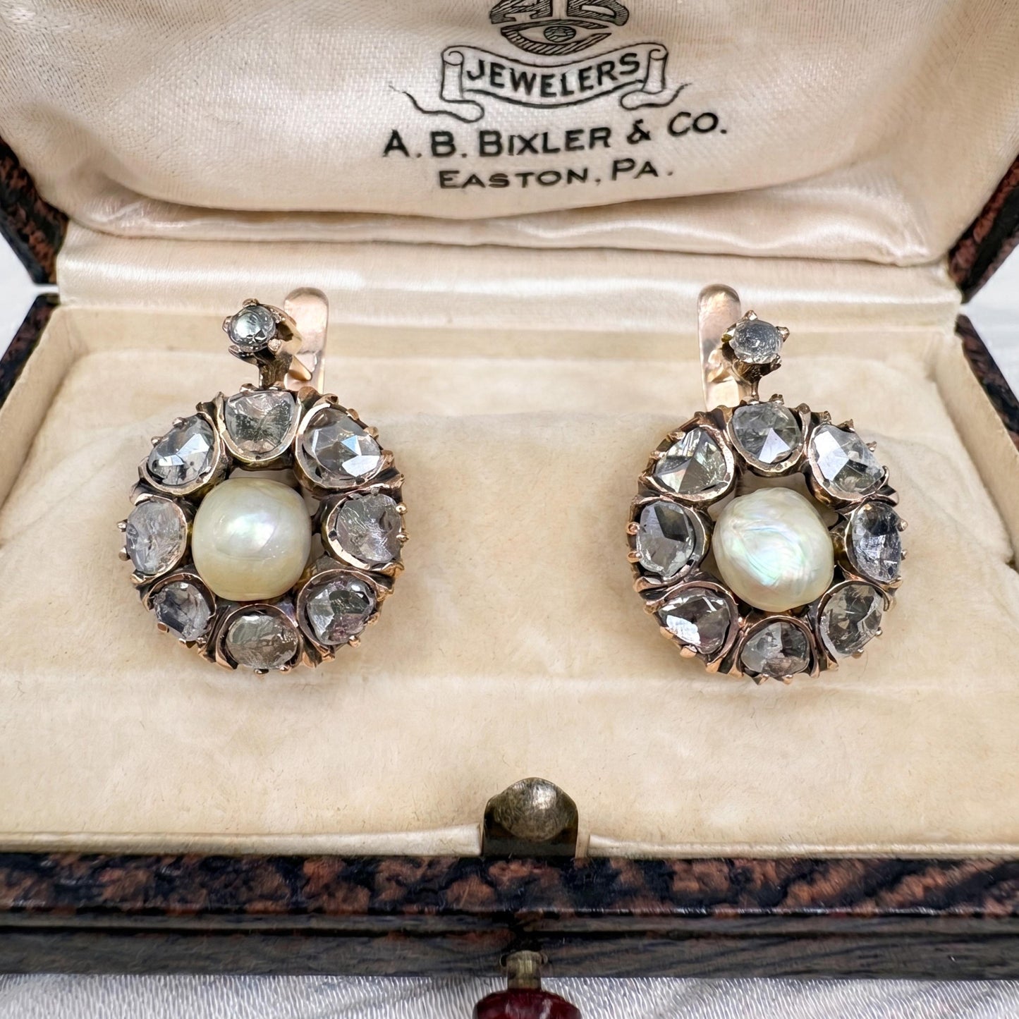Victorian Pearl Diamond 14k Antique Gold Cluster Drop Earrings