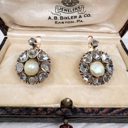 Victorian Pearl Diamond 14k Antique Gold Cluster Drop Earrings