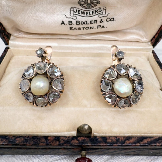 Victorian Pearl Diamond 14k Antique Gold Cluster Drop Earrings