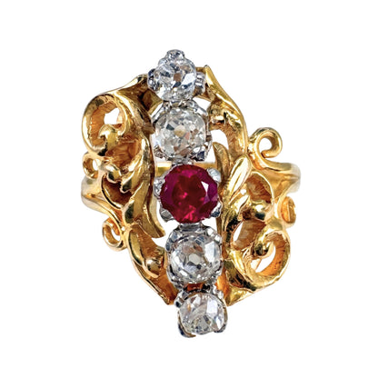 Edwardian Diamond Synthetic Ruby Five Stone 18k Yellow Gold ring