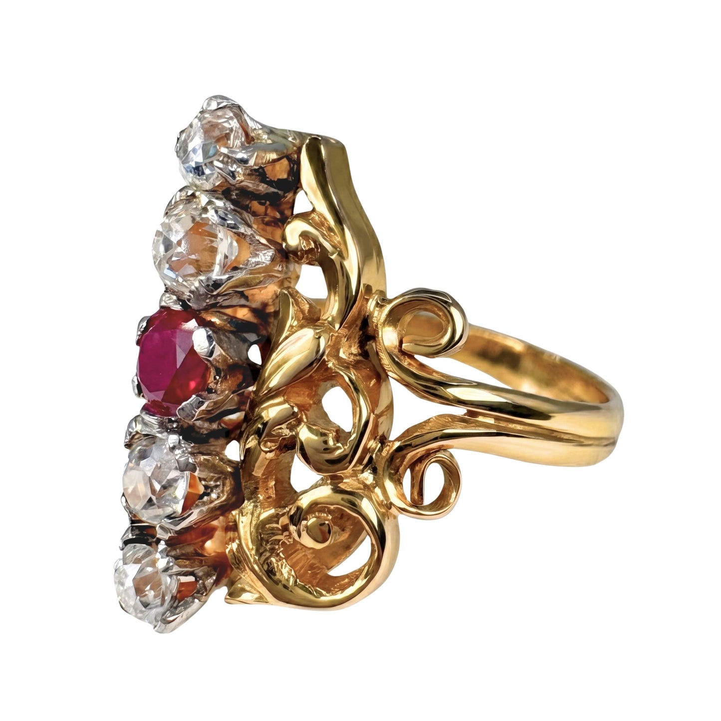 Edwardian Diamond Synthetic Ruby Five Stone 18k Yellow Gold ring