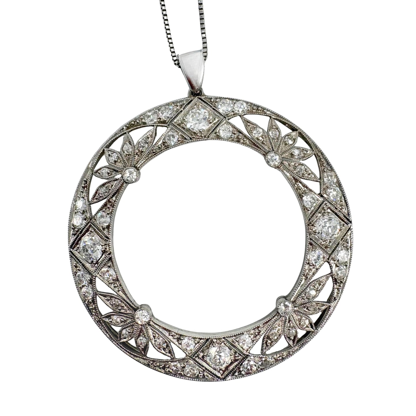 Art Deco Diamond Platinum Circle Pendant Necklace