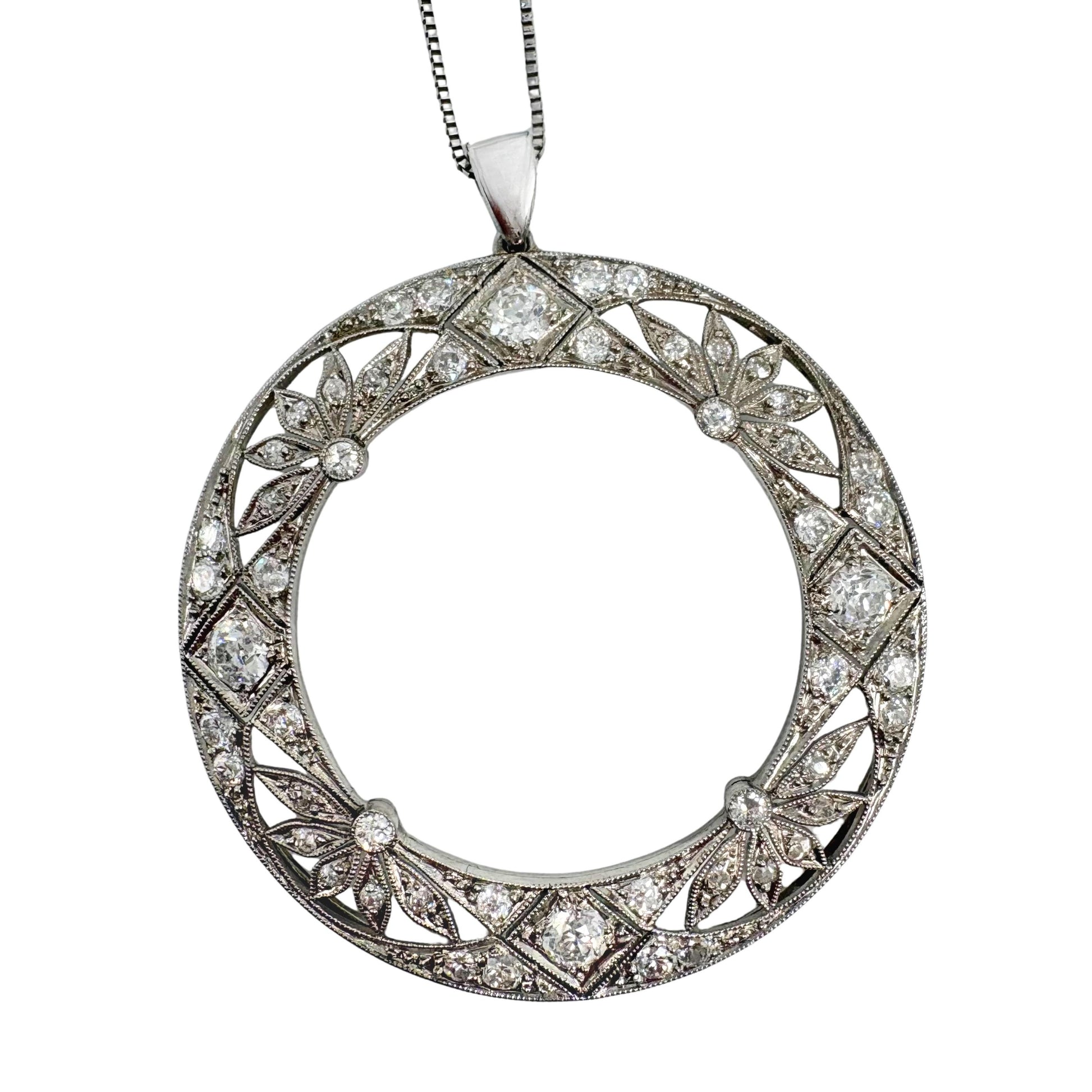 Art Deco Diamond Platinum Circle Pendant Necklace