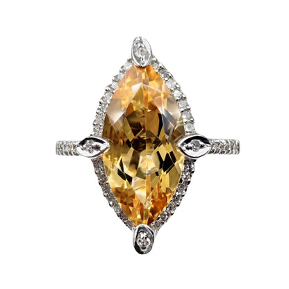 Vintage Citrine Diamond 14k White Gold Ring