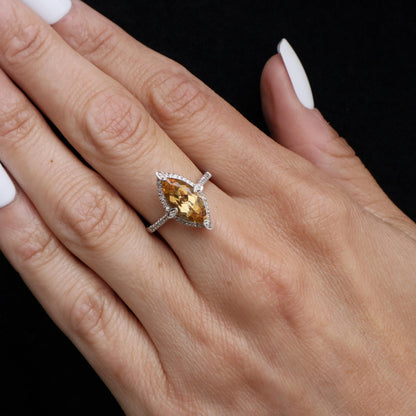 Vintage Citrine Diamond 14k White Gold Ring