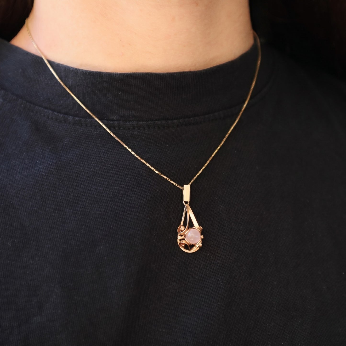 Serbian Vintage Rose Quartz 14k Rose Gold Pendant