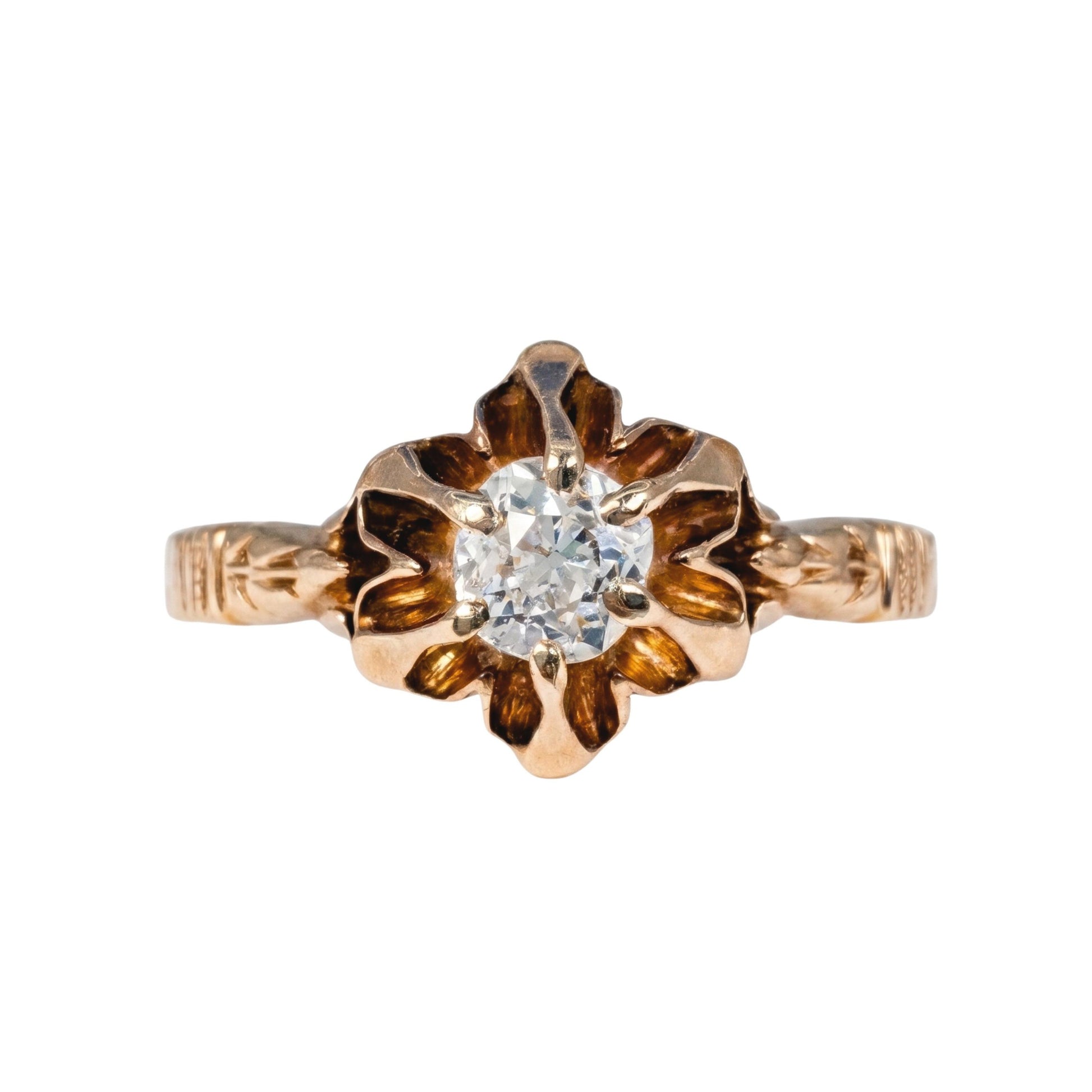 Victorian Diamond 14k Antique Gold Buttercup Solitaire Ring