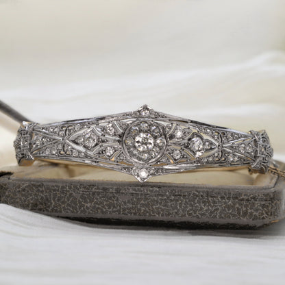 Art Deco Diamond 14k Gold Platinum Hinged Bangle