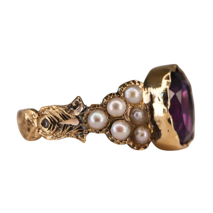 Victorian Amethyst Seed Pearl 14k Antique Gold Ring