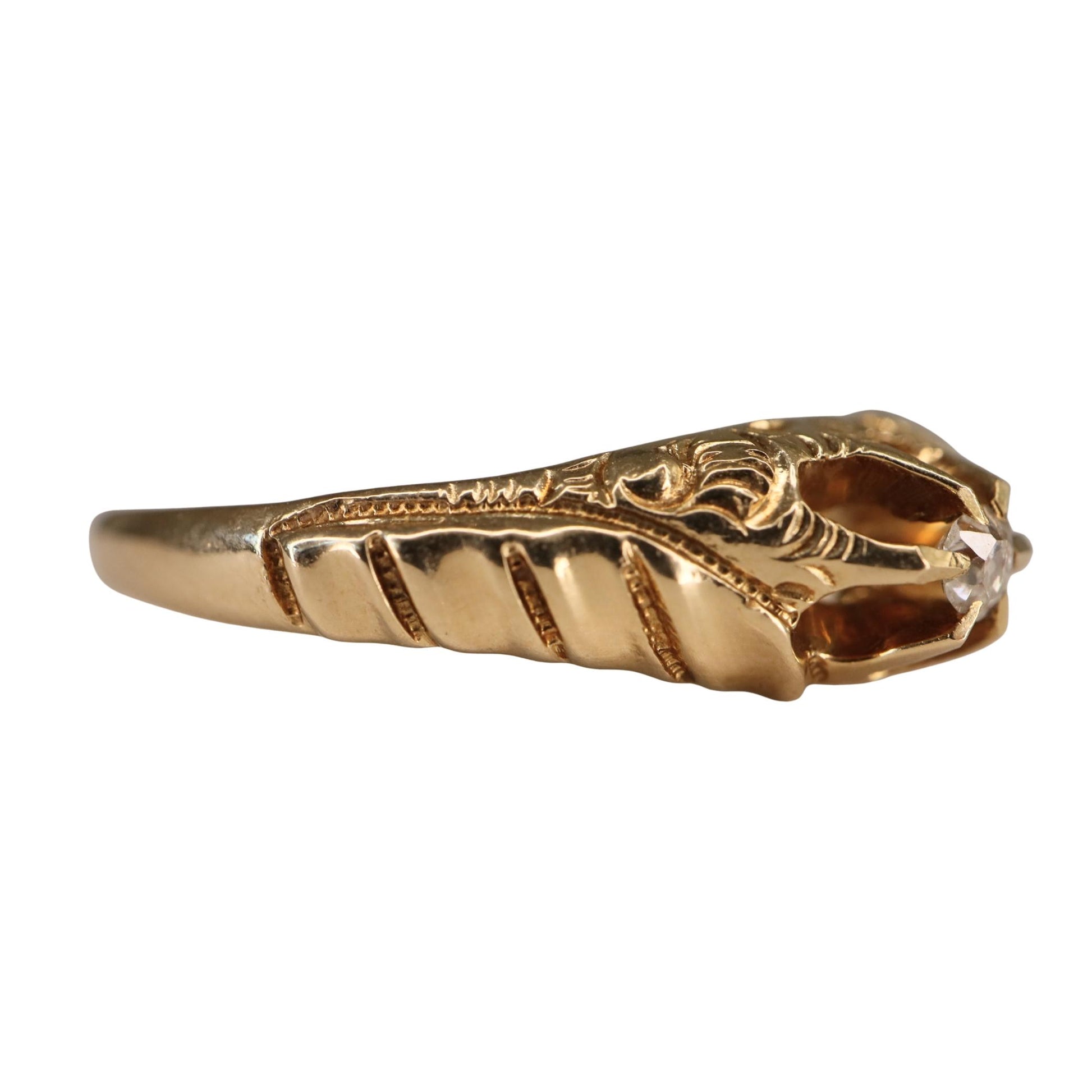 Antique Diamond 14k Yellow Gold Engraved Belcher Ring