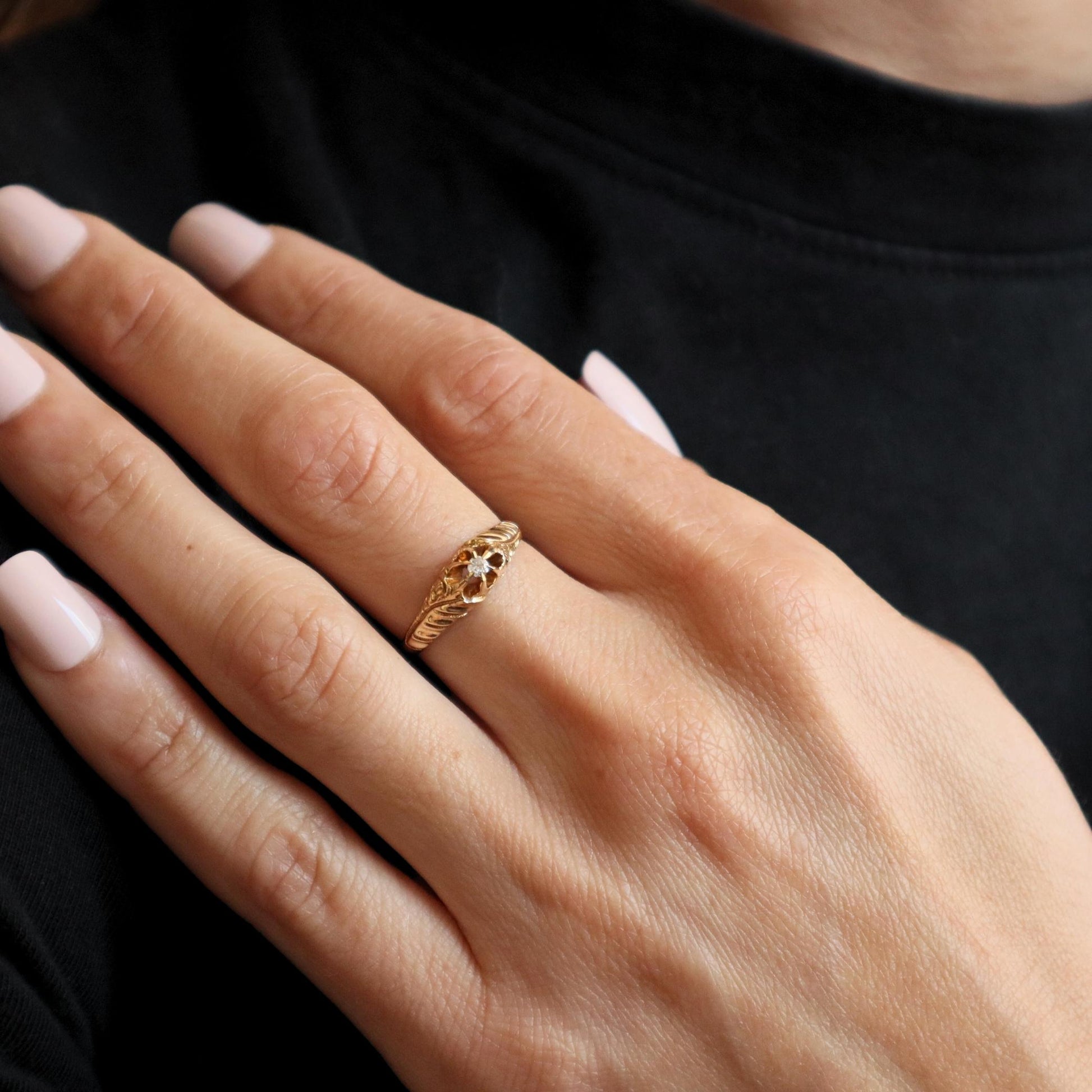 Antique Diamond 14k Yellow Gold Engraved Belcher Ring