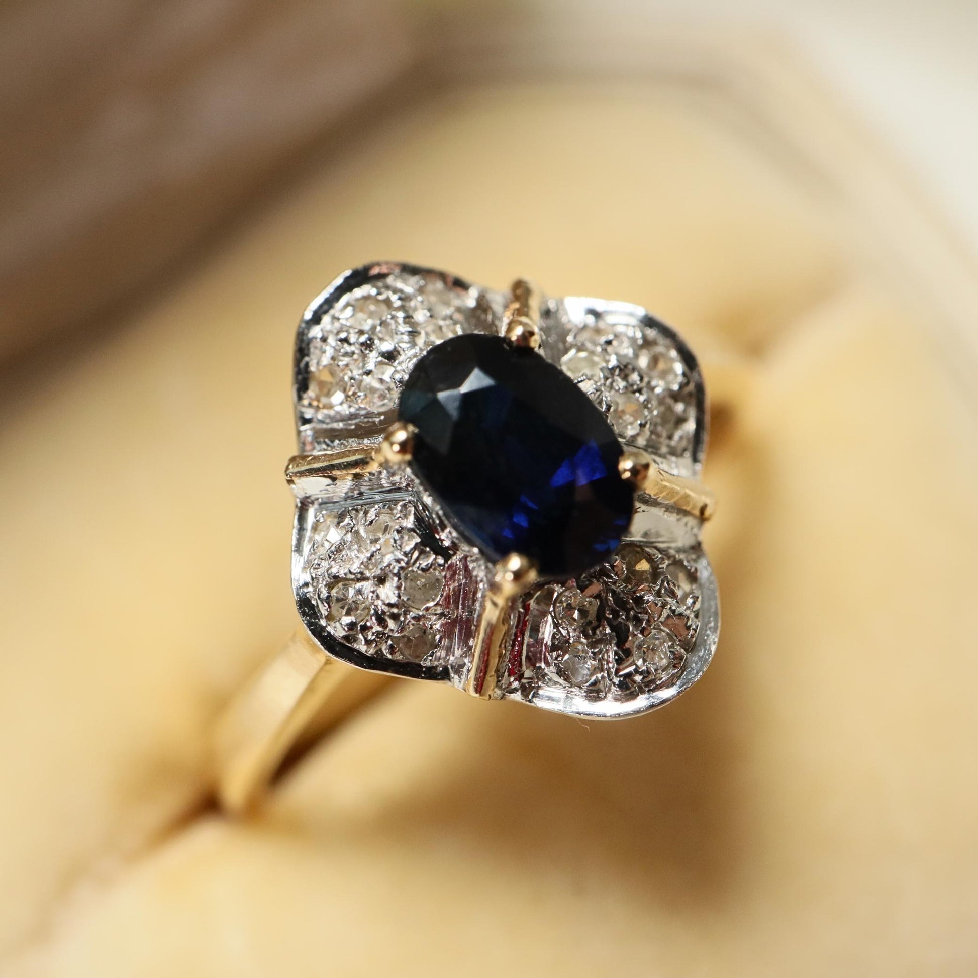 Late Art Deco Sapphire Diamond 14k Two Tone Quatrefoil Ring